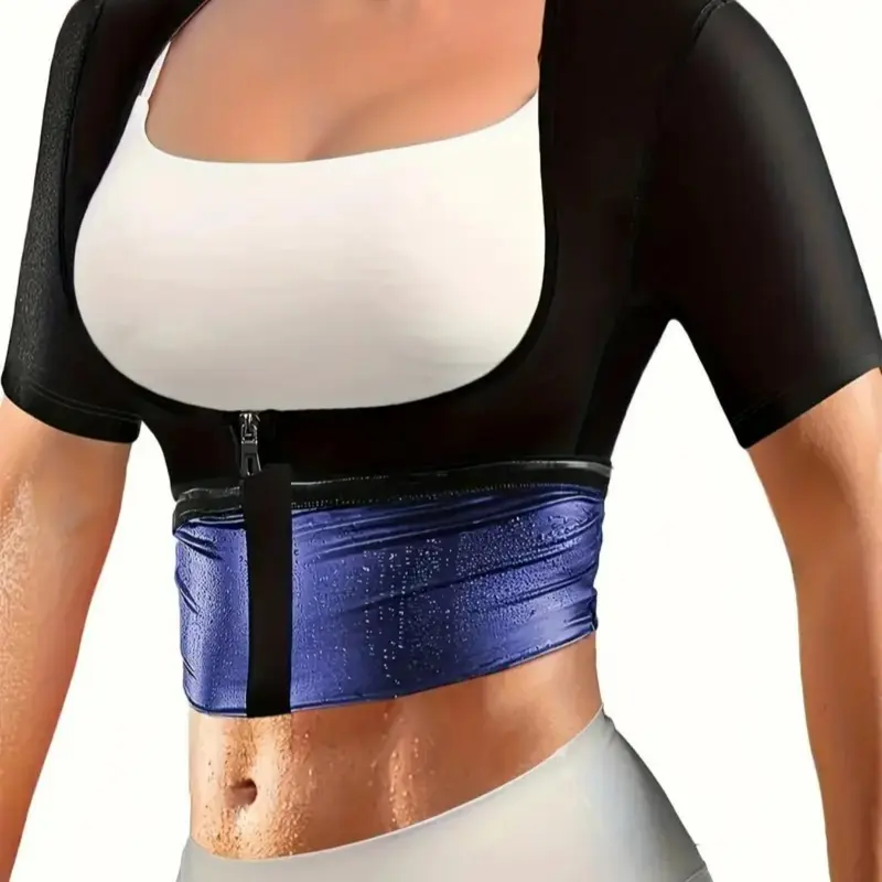 Sporty Women's Solid Color Open Bust Zip Up Sauna Tee without Bra, Sports Short Sleeve Sauna Top for Summer, Ladies Sportswear for Indoor & Outdoor Wear, Athletic Apparel, Athletic Sports Clothing, Athletic Tops, Activewear Clothes, Fitness Fashion