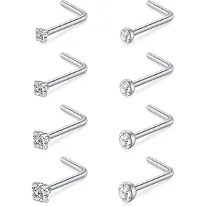 Nose Studs 18g & 20g - L-Shaped Surgical Stainless Steel Diamond Studs for Women & Men - Corkscrew Nose Rings