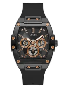 GUESS Male Rose Gold-Tone and Black Silicone Multifunction Watch