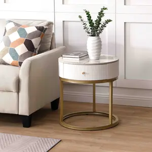 Dreamzon 19.68 Inch Modern Nightstand with Drawer, Marble Round End Table with storage, Side Table for Living Room&Bedroom