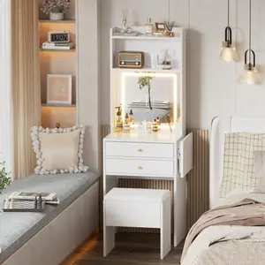 Small Space Vanity Table Set with 3 Adjustable Lighted Mirror and Storage Chair, Makeup Vanity Table for Small Space, White Dressing Table with Fold-up Panel for Bedroom-W509P238990