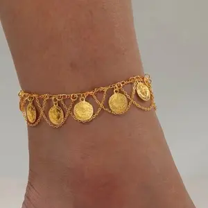 14k Gold Plated Copper Asymmetrical Anklet with Round Coin Charms, Women's Fine Jewelry Accessory
