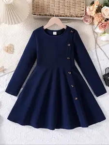 Girls' Hidden Blue Round Neck Button Embellished Ruffle Detail Dress, Casual Fitted Style, Comfortable Fashion, Fall & Winter, Pleated Dresses