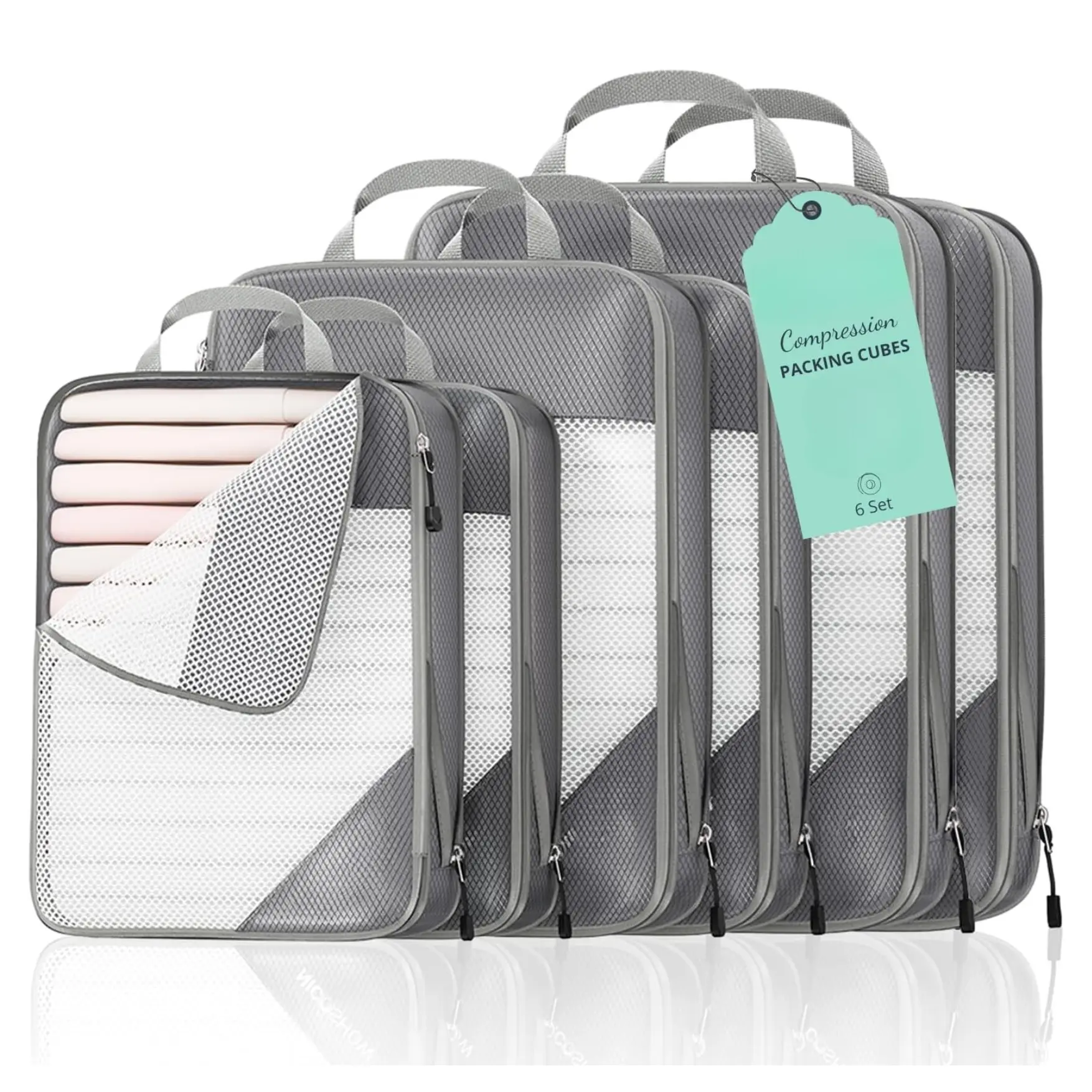 New Deal - 6 Set Compression Packing Cubes for Travel - Compressible, Lightweight, and Space-Saving Packing Cubes, Travel Essentials for Women, Grey