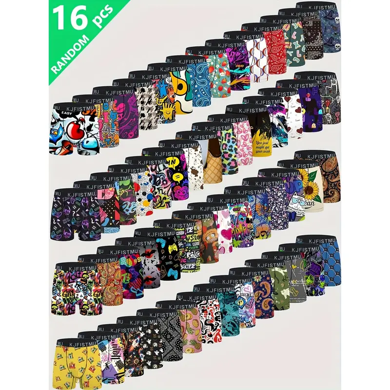 16pcs/12pcs/8pcs/4pcs Men's Fashion Scrawl Printed Boxer Briefs Soft Breathable Moisture Absorbent Elastic Waistband for Home Office Sports Mens Underwear Performance Boxer Briefs - Menswear Lingerie