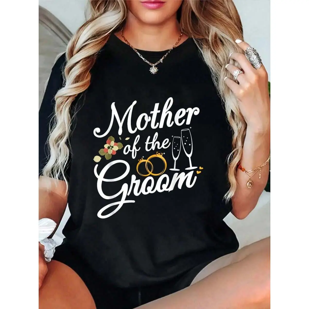 Mother of the Groom Graphic T-Shirt, Women's 100% Cotton Loose-Fit Casual Top, Cute Gift for Wedding & Bachelor Party, Fitted