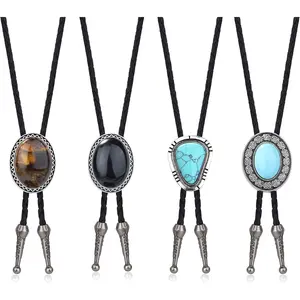 Besteel 4Pcs Bolo Tie for Men Western Cowboy Natural Tiger Eye Leather Necktie Halloween Costume Accessories for Men Women Belt Buckle Necklace Gothic Vintage Dragonfly Adjustable Star Necklace