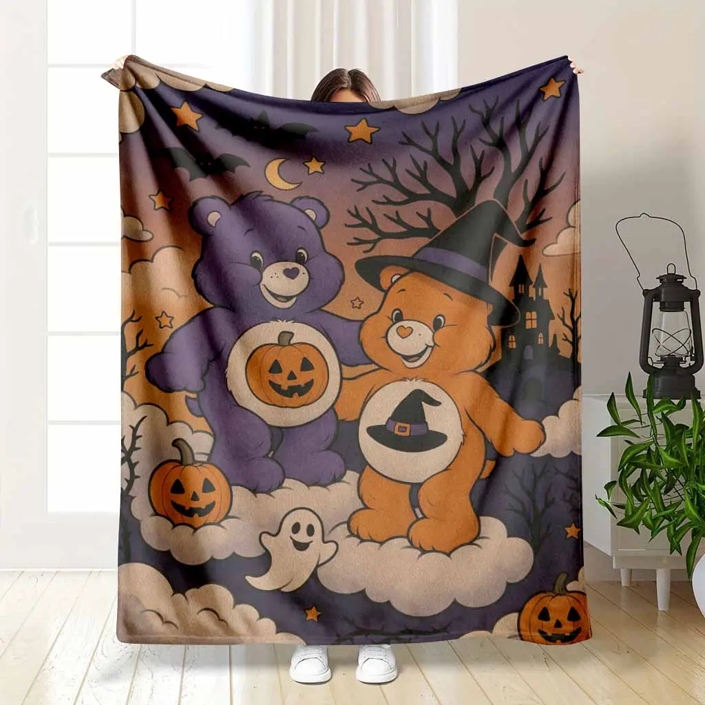 Halloween Care Bears Witch Pumpkin Ghost Scene Print Flannel Fleeced Blanket Cozy Throw Blanket Premium Lightweight Blanket Throw Season Cozy Warm Nap Multifunctional Blanket, Cute Spooky Cartoon & Fall Holiday Versatile Gift For Kids Halloween Lovers