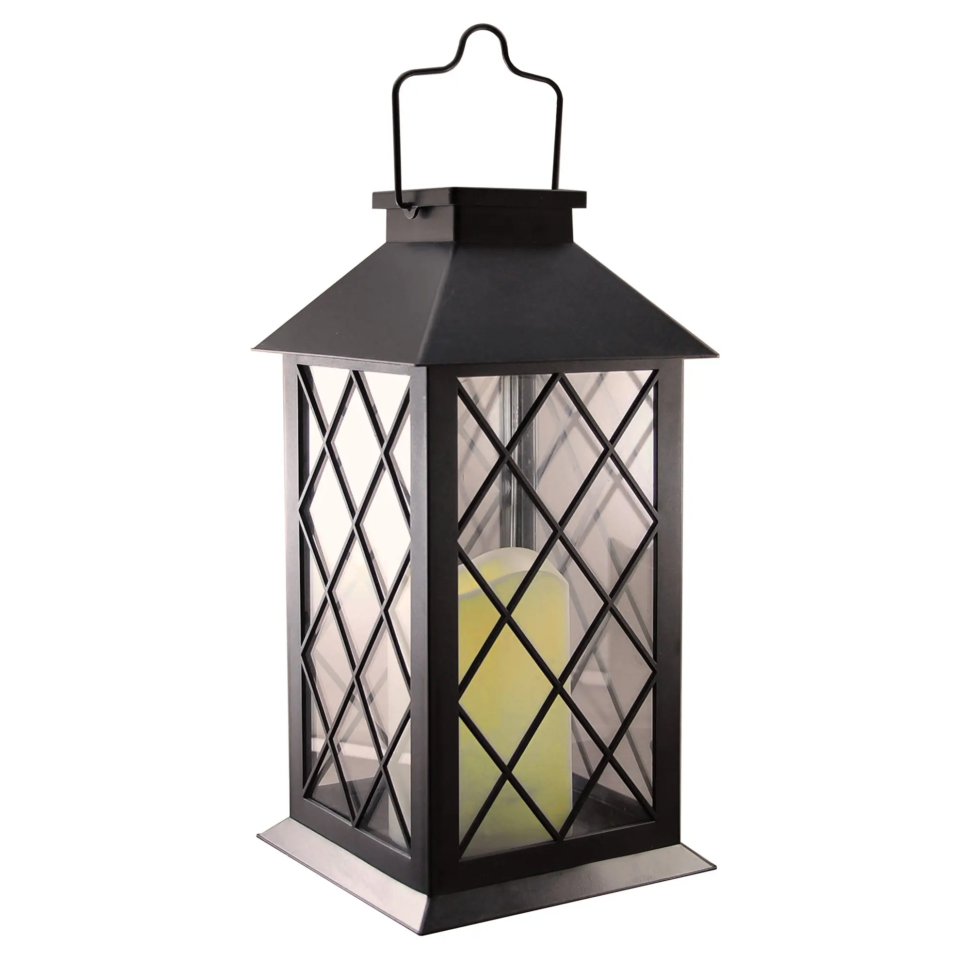 LumaBase Solar-Powered LED Candle Lantern - Black Tudor, Weather-Resistant Outdoor Waterproof Lights, 4.5 in Amber LED Candle, 6-7 Hrs Runtime, Adult-Use Solar Garden Decor, Sun Charging, Plastic/Glass, No Batteries Needed