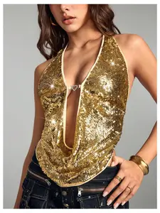 Women’s Leopard Sequin Halter Bodysuit – Sexy Deep V Cut Out Backless One Piece, Festival Club Outfit