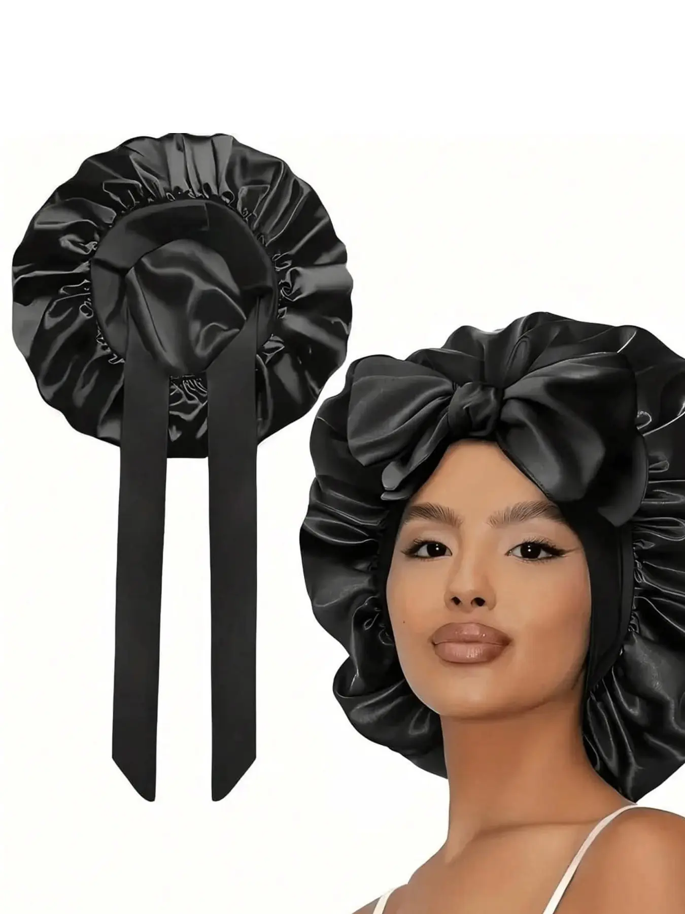 Silky Satin Sleep Cap With Soft Ruffle & Adjustable Bow, Anti-Frizz Hair Protection Bonnet, Sleep Bonnets For Curly & Natural Hair, Comfortable Night Sleep Hair Cover For Women, Suitable For Salon Care, Travel, Nighttime Use, Haircare