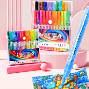 12/24 Color Glitter Acrylic Marker Pens Set, Large Capacity Ink, Valve Tip, Sparkle Effect, 1.0mm Nib, Water-Based Quick Dry, Ideal for Paper Stone Wood Ceramic, Glitter Markers