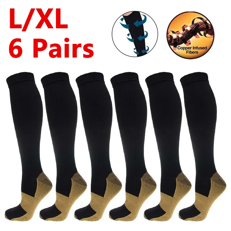 Unisex 6-Pair 10% Cutec Copper Nylon Athletic Sports Socks, Large-XL Graduated Compression Stockings (20-30mmHg) with Elastic Support, All-Season Healthcare Pain Relief Socks