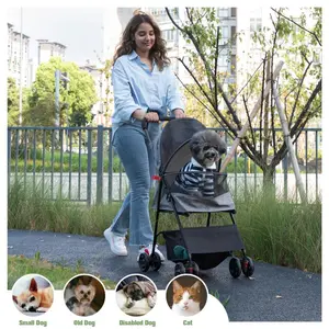 Foldable Pet Stroller Small Dog Cat Stroller with Storage Basket for Small Puppies Gray and Black