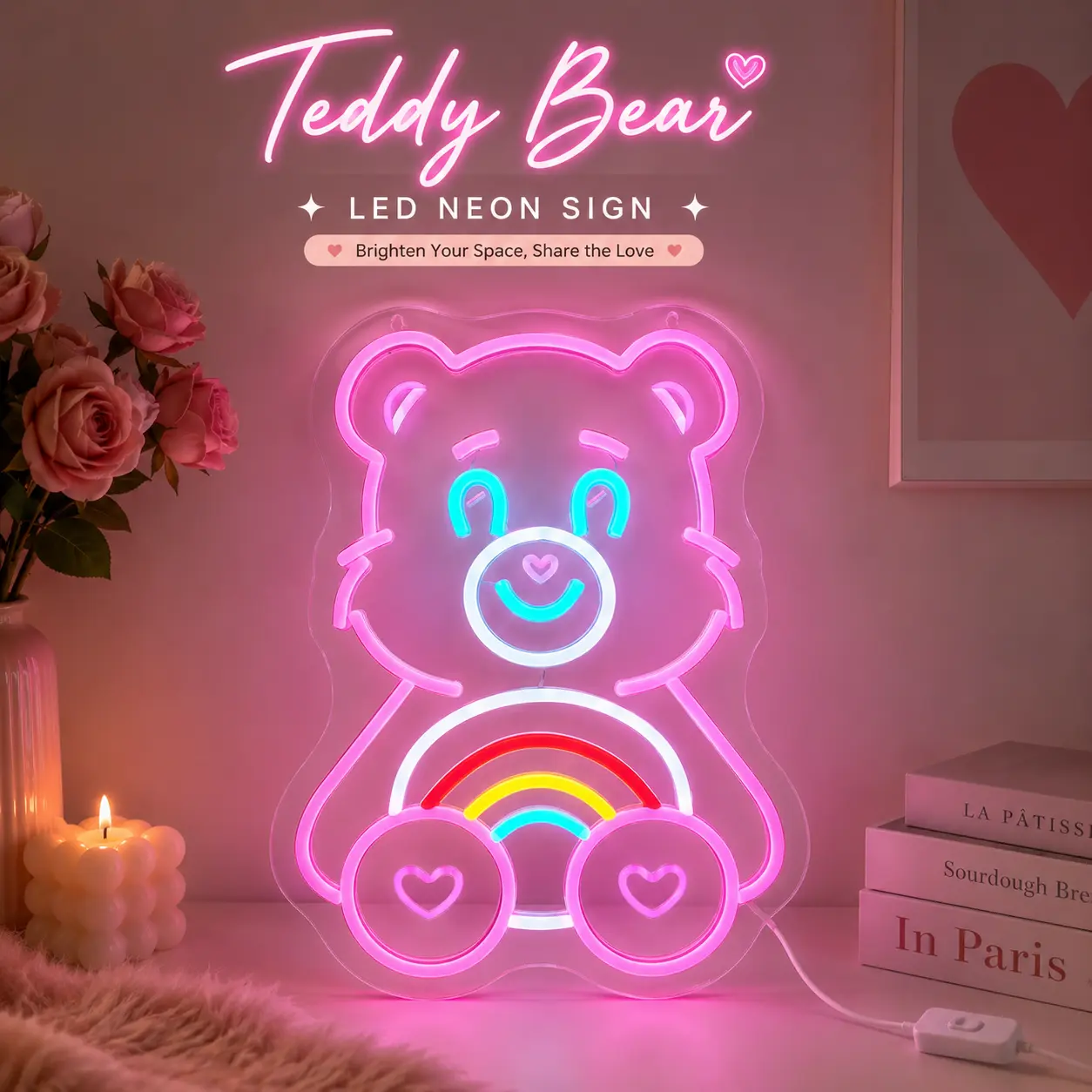 Pink Bear Rainbow LED Neon Sign - Party Lights, Mood Lighting, Wall Decoration with Heart Details, Cute Teddy Bear Dorm Wall Art, Gaming Desk Background for Bedroom & Sweet Gift Idea