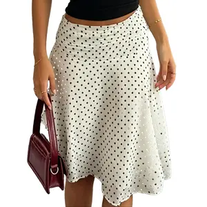 White Black Polka Dot Midi Skirt - Y2K Coquette Asymmetric Hanky Hem Chiffon Skirt for Women  Lightweight Breathable Flowy A-Line Skirt No See-Through Ruched Waist Skirt for Brunch Date Night Summer Vacation