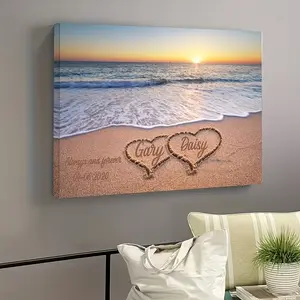 2D Flat, 2D Flat, 2D Flat Personalized Couple Name And Date Framed Beach Wedding Canvas | Custom Heart-Shaped Silhouette Sunset Wall Art with Name And Date, Large Wooden Frame for Home Decor, Wedding Gift,Perfect for Room Decoration fathe, Whimsical
