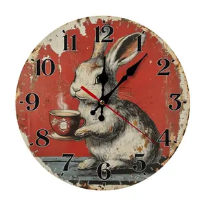 10/12 Inch Vintage Rabbit Holding Coffee Cup Wall Clock | Silent Non-Ticking Rustic Farmhouse Decor, Battery Not Included, Perfect Gift For Rabbit Lovers, Kitchen, Coffee Bar