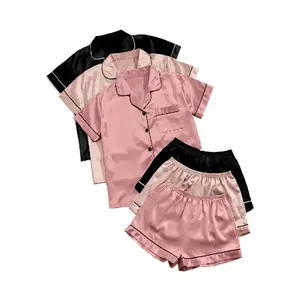 Women's Solid Satin Pyjama Set, Short Sleeve Button Front Lapel Shirt & Contrast Binding Shorts PJ Set, Summer Sleepwear Set, Pajamas, Silky Satin Pajama