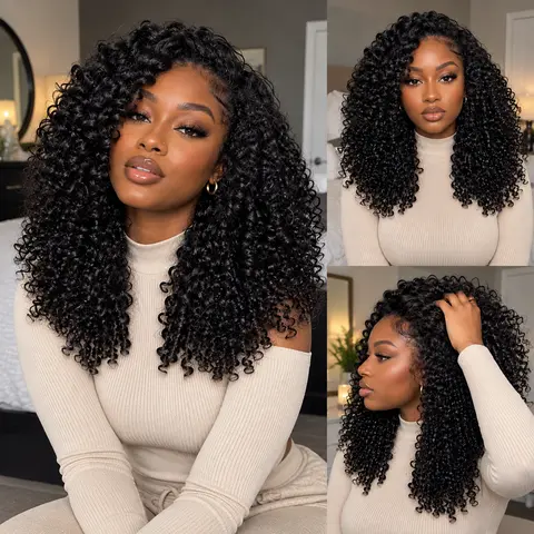 Bling Hair 200% Burmese Curly Glueless Wig Human Hair 3 IN 1 Half Wig With Drawstring Ready to Wear Curly Seamless Flip Over Beginner Friendly Half Wigs Glueless Wear & Go Wigs for Women Vacation Hairstyle, Unisex, Burmese Curly Half Wig