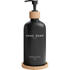 Black Glass Hand Soap Dispenser Bathroom Set - Bathroom Soap Dispenser Set with Tray - Glass Pump Bottle - Luxury Bathroom Accessories for Hotel, Vacation Rental, Restaurants (Black)