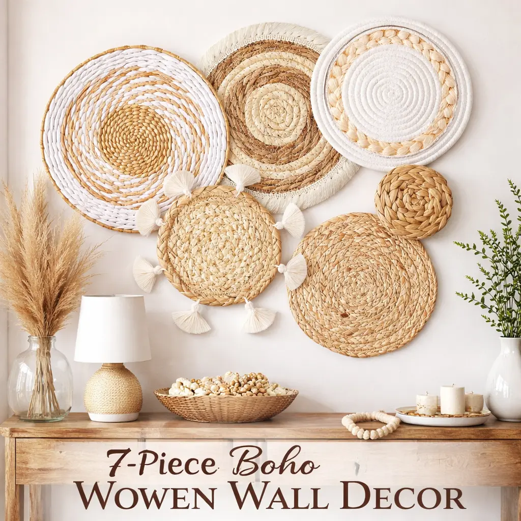 7pcs Boho Unique Weave Hangable Wall Baskets - Handmade High-Temp Treated Seagrass Rattan Wall Decor, Rustic Hanging Art for Living Room, Specialty Kitchen Utensil Display