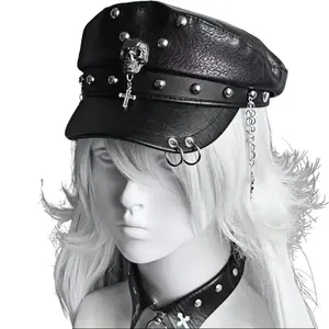 Punk Dark Rivet Leather Fallen Angel Flat Top Hat - Y2K Style with Skull Cross Chain for Alt Grunge Fashion Enthusiasts