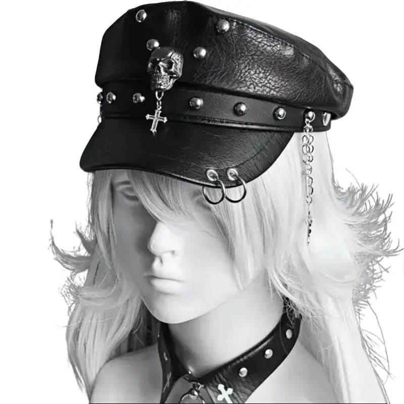 Punk Dark Rivet Leather Fallen Angel Flat Top Hat - Y2K Style with Skull Cross Chain for Alt Grunge Fashion Enthusiasts Casual Hat Black Cap Exclusive Caps