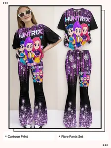 Girls' Cartoon Printed Pants Set, Fitted Long Regular Style, Trendy Sweet Cool Design, Perfect for Casual Wear
