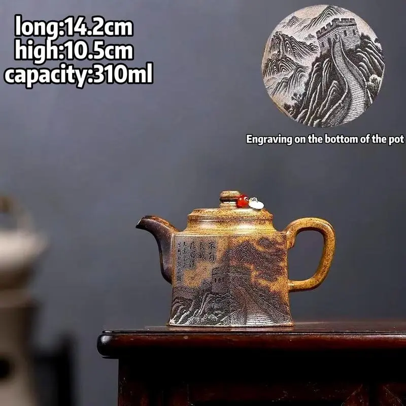 Handmade Golden Bell Auspicious Details Hexagonal Duan Ni Purple Sand Teapot, 310ml Raw Ore High-Temperature Clay, Hand Engraved Traditional Wood-Fired Craft, 14.2cm x 10.5cm, Ideal for Tea Enthusiasts & Collectors of Unique Teapots