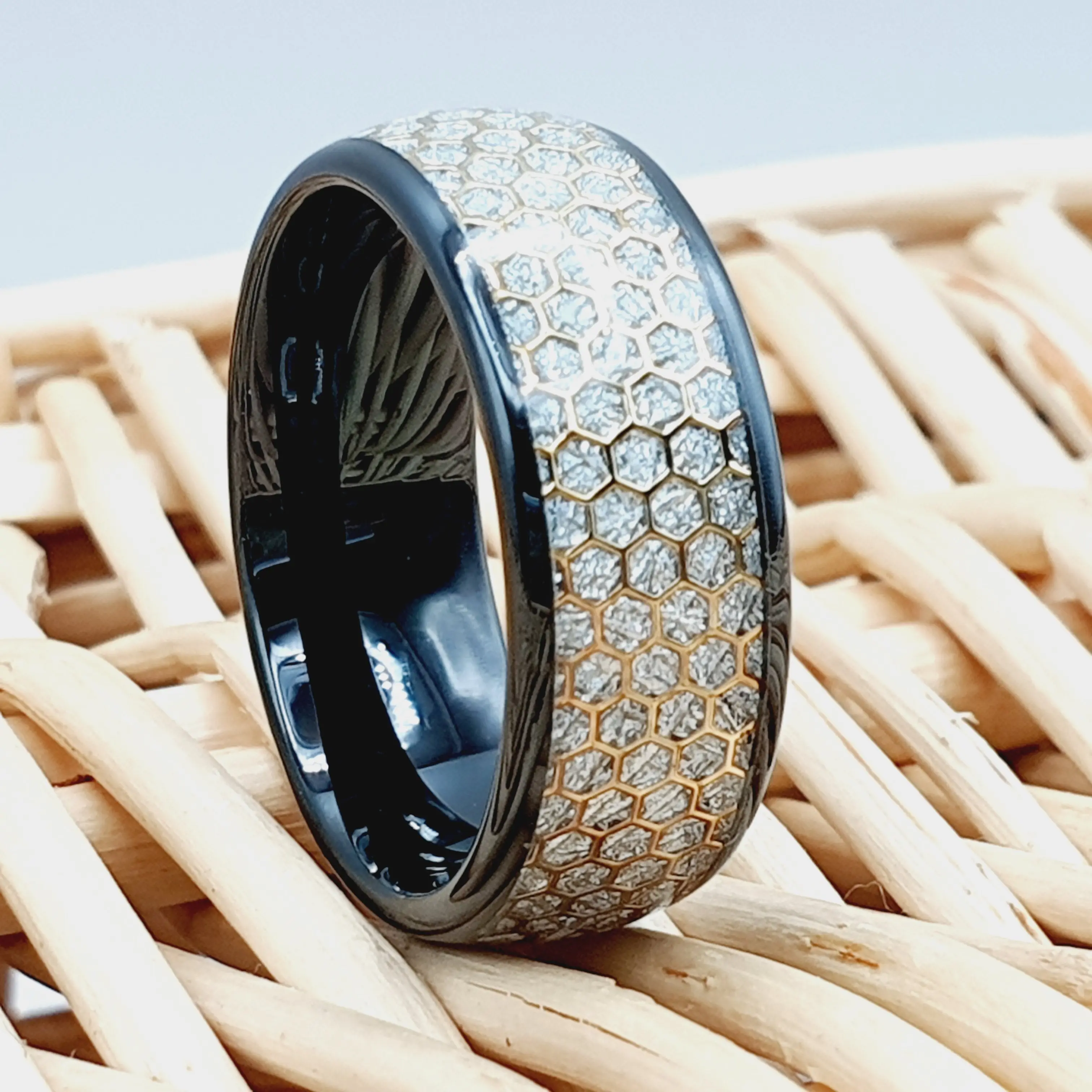 Modern Style Meteorite Inlay Honeycomb Black Tungsten Ring for Men - Perfect Anniversary, Wedding, or Engagement Ring