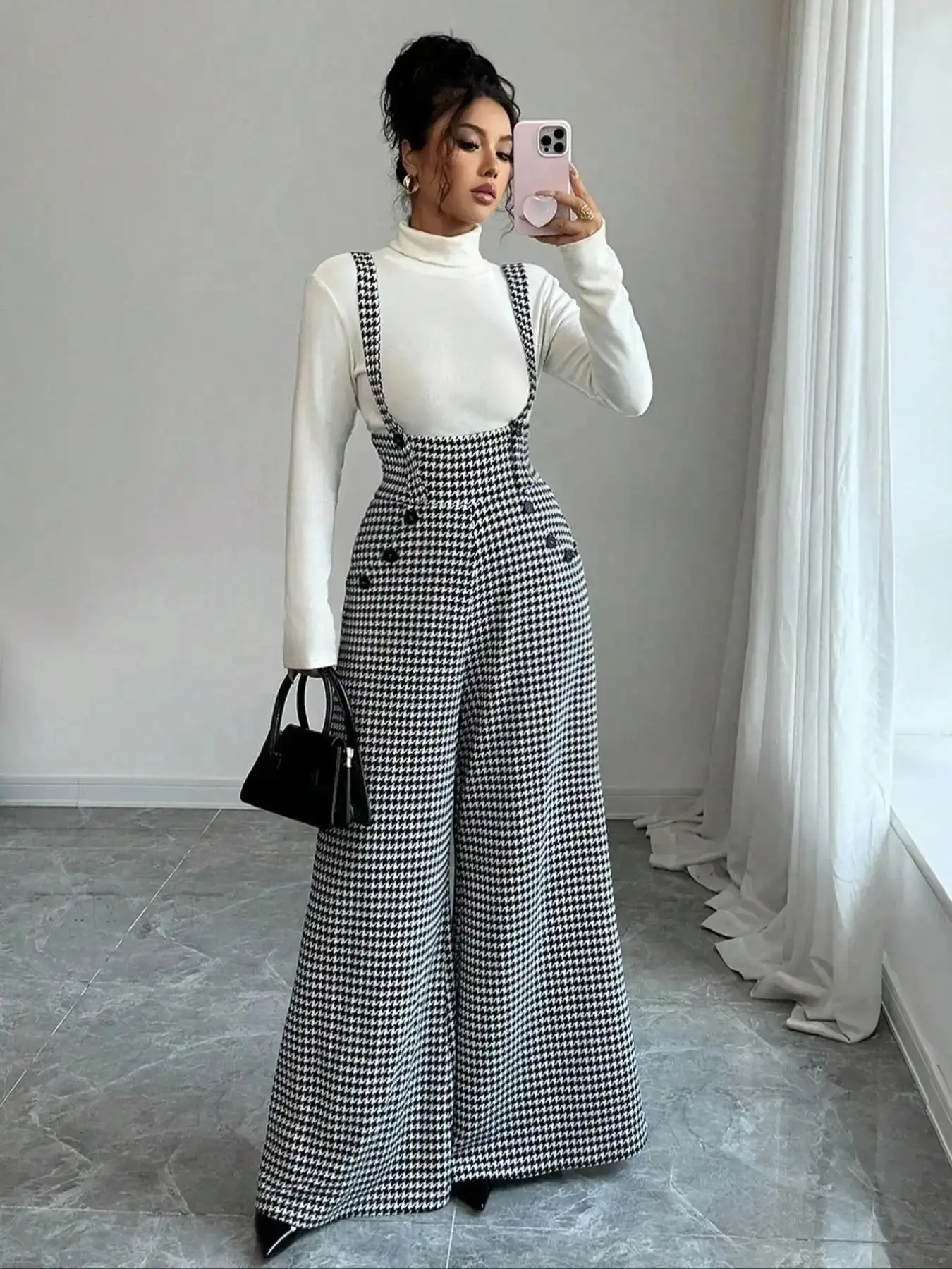Knitted Plaid Houndstooth Wide Leg Pants, Front Pocket Button Design, Elegant Commuter Trousers for Fall Winter, versatile piece, trending now, chic look, must-have style, wardrobe staple