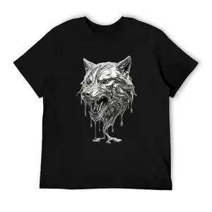 Cool Snarling Wolf Shirt 3D Realistic Liquid Metal Chrome Silver Graphic Tee Dripping Cyberpunk Streetwear Biker Gifts for Men Husband Him