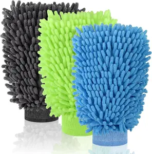 3 Pack Chenille Microfiber Car Wash Mitt, 7" x 9.6" Car Washing Mitts, Home Dusting Gloves, Scratch Free Lint-Free, Highly Absorbent, Double Sided, for Cleaning Detailing Polish (Blue,Green,Grey)