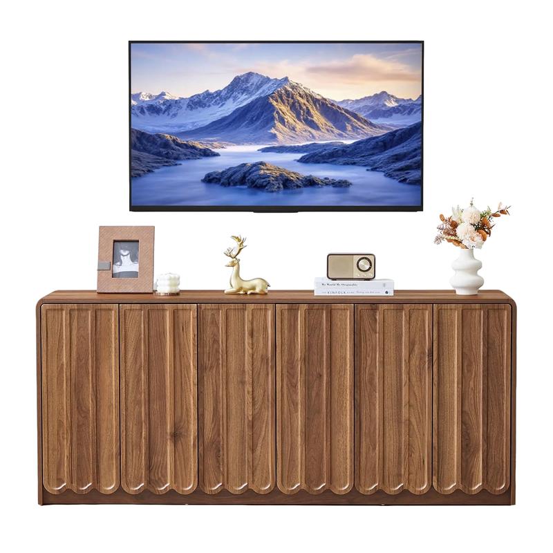 Giratree 63" Sideboard Buffet Cabinet with Storage, Low Storage Cabinet Modern Wooden Accent Credenza Console Table TV Stand with 6 Wave Panel Doors for Kitchen Dining Living Room Entryway