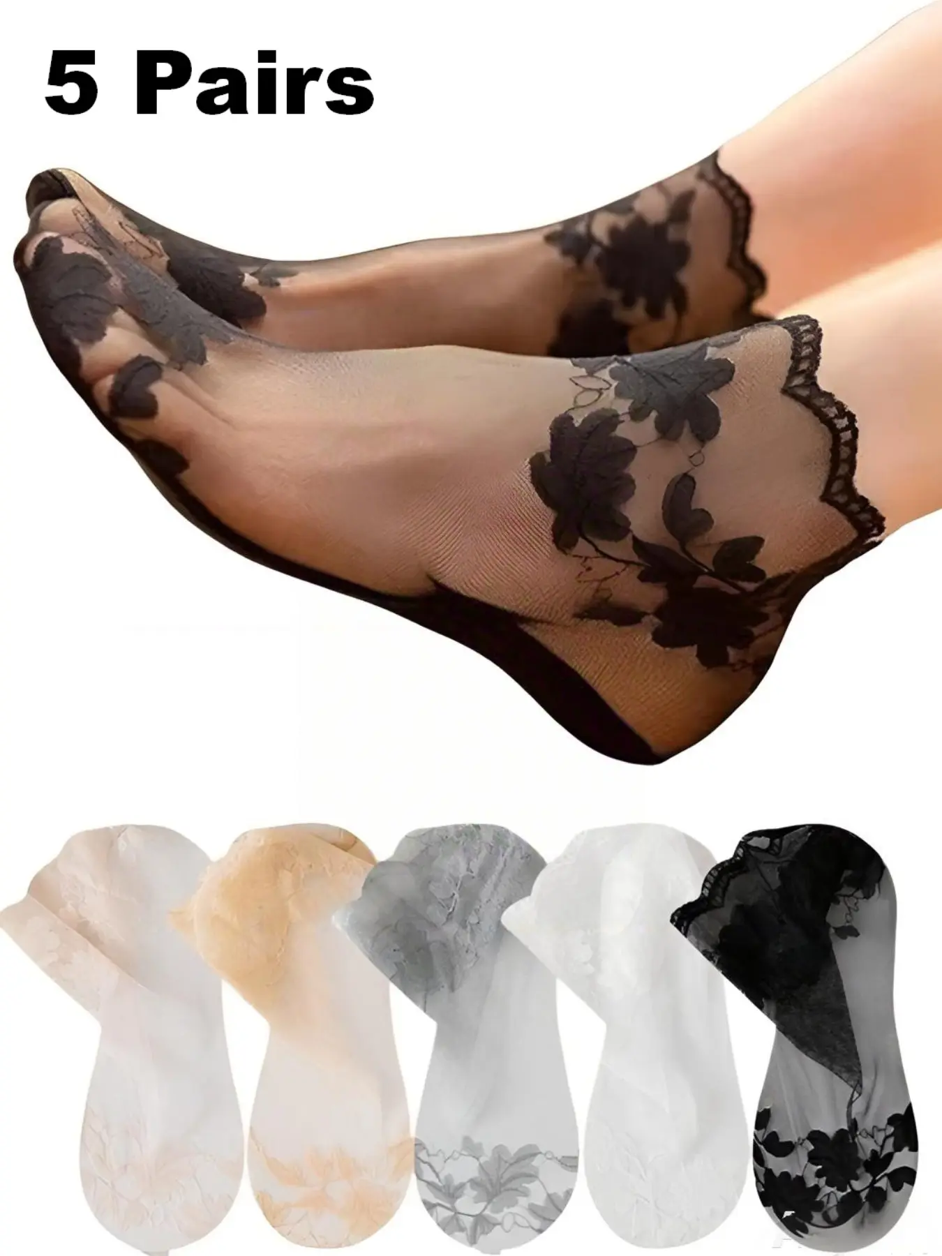 5 Pairs Simple Floral Maple Leaf Lace Socks, Summer Breathable Lightweight Comfort Anti-Slip Fit Crew Socks, Women's Daily Casual Everyday Wear Style, Knit Fishnet Socks