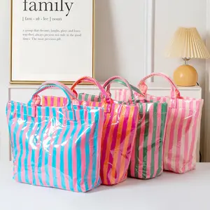 New Striped Tote Bag, Reusable Tote, Waterproof Glossy Material, Large Capacity, Handheld & Shoulder Strap, Commute Travel Shopping, Multiple Colors
