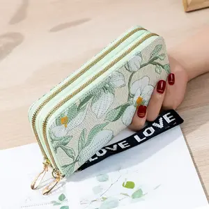 Women Long Wallet Multi Pattern Floral Butterfly Embossed Card Holder Clutch Purse With Wristlet