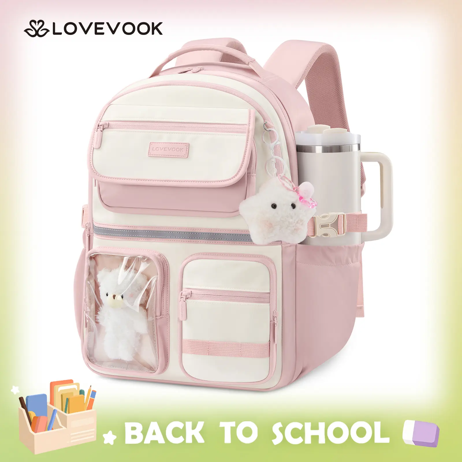 LOVEVOOK School Backpack for Girls, Cute Bookbag for Teen 8-16, DIY Friendly 15.6" Laptop Backpack for Middle High College Student Back to School, Bag with Water Bottle Pocket for Travel