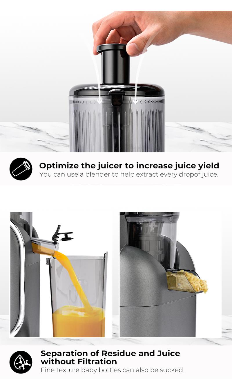 SUSTEAS Juicer Machine Cold Press Juicer 5.3 Inch Large Feed Opening Slow Masticating Machine High Yield Easy to Clean Whole Fruit Juicing