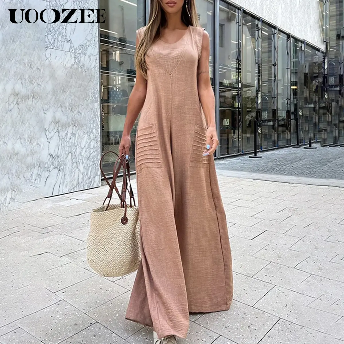 UOOZEE Women's Basic Solid Linen Jumpsuit, Casual Loose-Fitting Round Neck Sleeveless Wide-Leg with Pockets