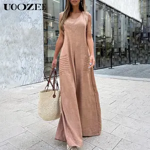 UOOZEE Women's solid color linen cotton wide-leg sleeveless high-neck jumpsuit with pockets casual overalls round neck, loose, suitable for daily multi-occasion matching pants