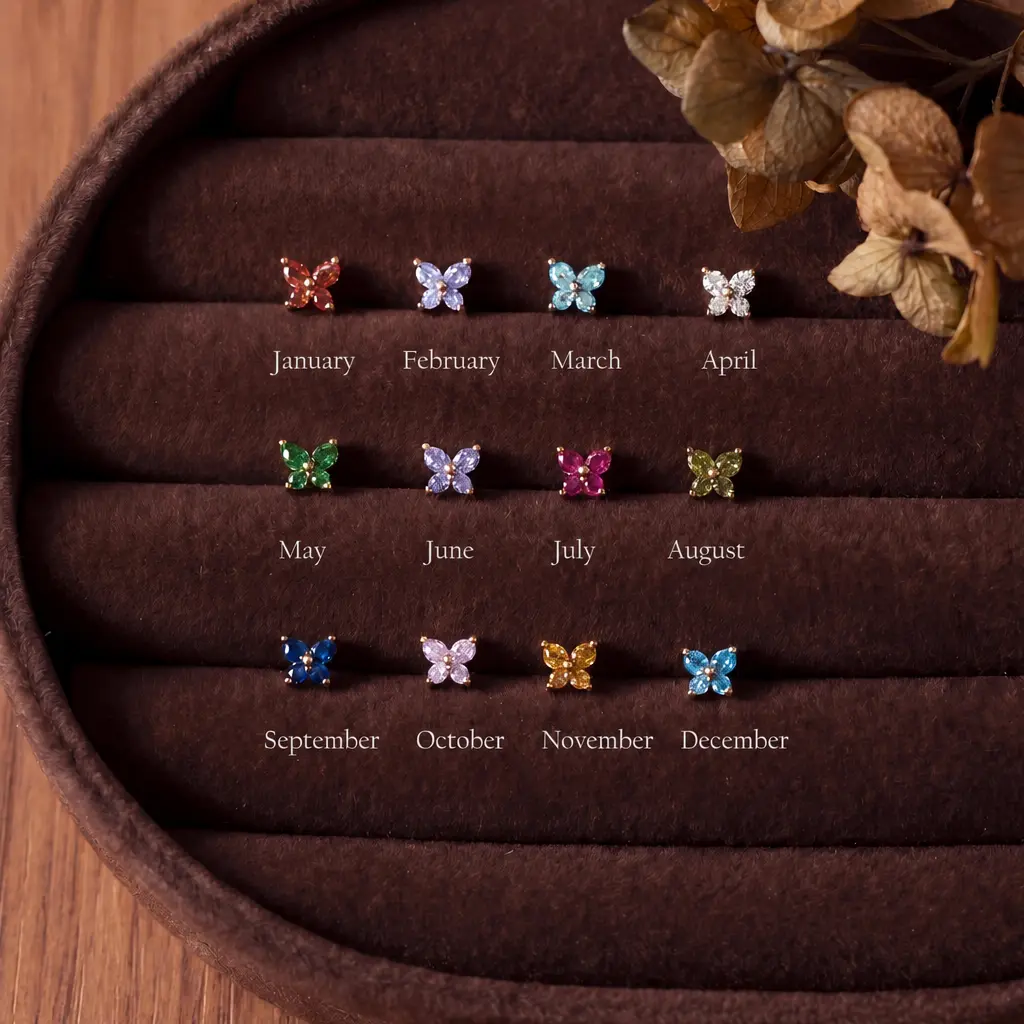 Birthstone Butterfly Stud Earrings, 12 Month DaintyTone Earrings, Birthday Gift for Her, Minimalist Second Piercing Earrings, Hypoallergenic Everyday Earrings