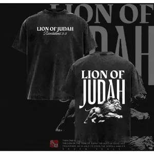 Christian Lion Of Judah Revelation 5:5 Washed T-Shirt | Bold Lion Graphic & Bible Verse Tee | Oversized Casual Crew Neck Short Sleeve Top | Religious Faith Inspired Urban Streetwear