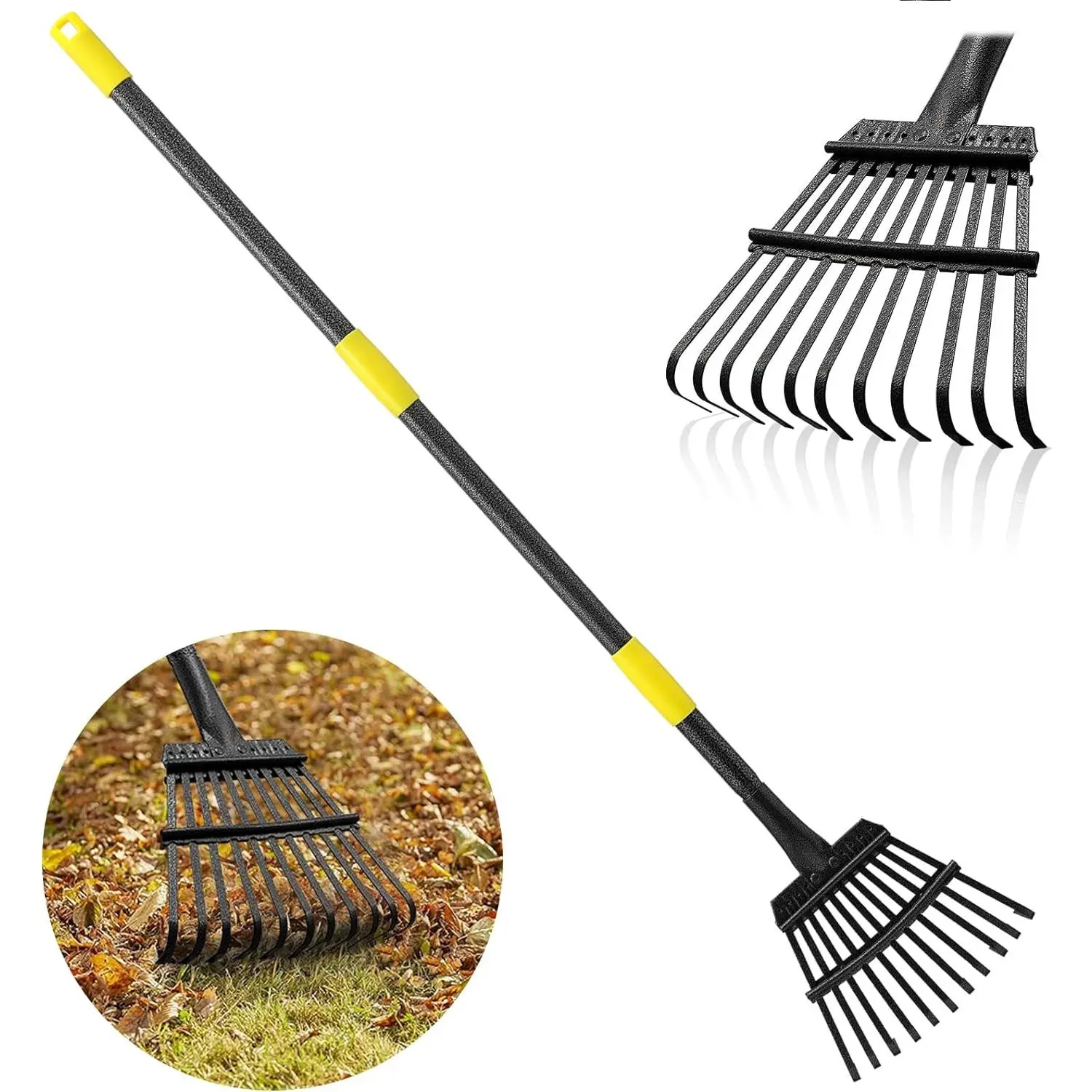 Rake, Garden Leaf Rakes for Lawns Heavy Duty, Yard Metal Rake Tools with 9" Small Narrow Rake , 65" Adjustable Long Handle, 11 Steel Tines, Quick Clean up Rake for Shrub, Flower Bed, Camping