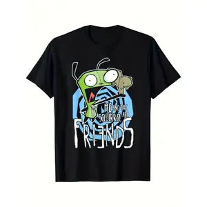 Boys' Invader Zim G.I.R "I Am Friends With Squirrels" Funny Logo Streetwear Cotton Knit Short-Sleeve Top, Crew Neck, Regular Fit, Soft Feel, Vibrant Cartoon Print, Machine Washable, All-Season Comfort