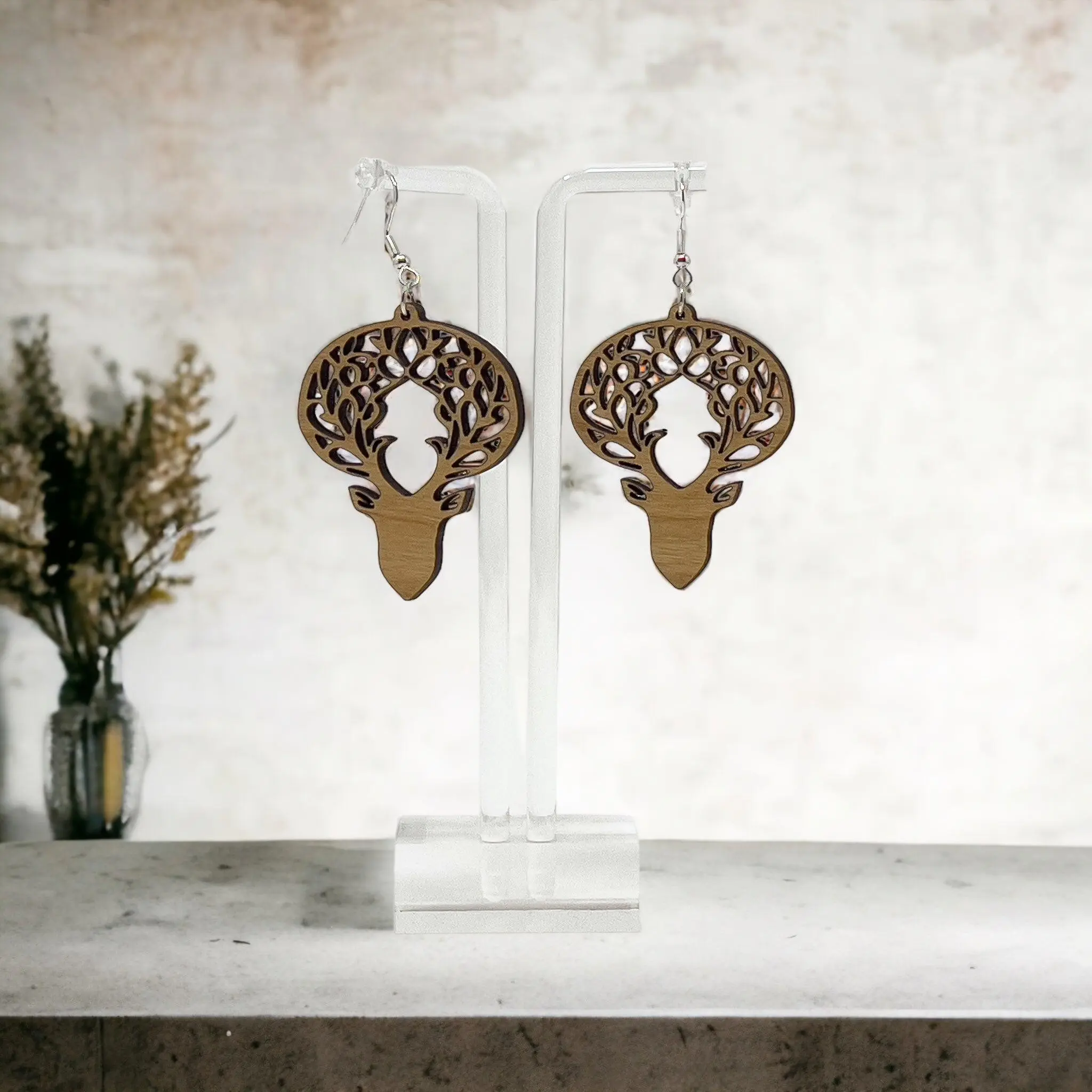 Woodland Deer Antler Earrings – Intricate Boho Forest Jewelry in Wood