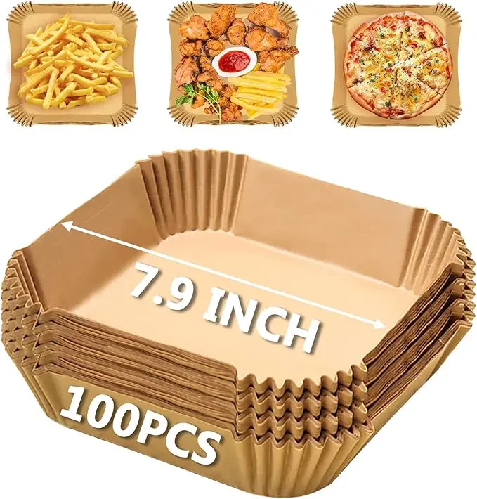 Air Fryer Paper Liners, 100 Piece Air Fryer Disposable Liners, Non-Stick and Grease Resistant for Easy Cleanup, 7.9-Inch Square Fits 5-8 Quart Baskets