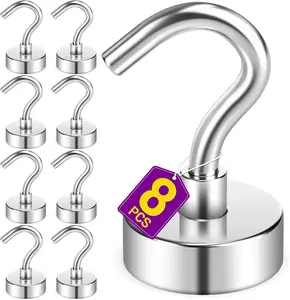 Niuknow 8 Pack Magnetic Hooks for Cruise Cabins, 25 LB Neodymium Magnets with Hooks, Heavy Duty Magnet Hooks for Hanging, Kitchen, Office, Towels, Curtains, Gifts for Men (Silver)