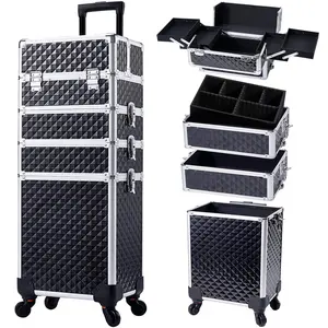 Rolling Makeup Case with Wheels Beauty Case 4-in-1 Large Cosmetic Storage Box Train Case Makeup Travel Case with Key Rotating Wheels Nail Salon Storage Travel Trolley Suitcase Black